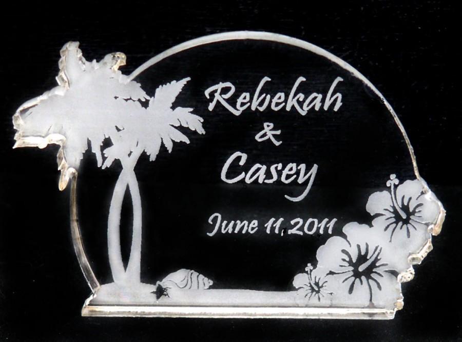 Wedding - Tropical Beach with Hibiscus Wedding Cake Topper  -  Engraved - Light OPTION