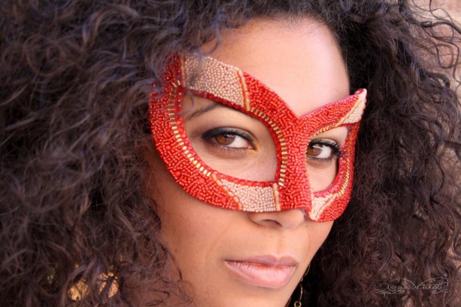 زفاف - Phoenix Rising - Hand Beaded Masquerade Ball Mask in Red and Gold - Alternative Wedding Veil or Fascinator