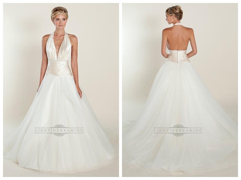 Hochzeit - A-line Plunging Halter Ball Gown Wedding Dresses with Ruched Bodice