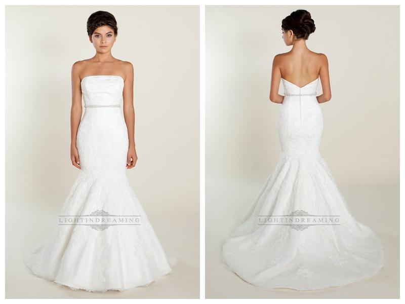 Hochzeit - Fit and Flare Strapless Lace Wedding Dresses with Beaded Belt