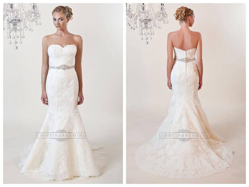 Hochzeit - Strapless Mermaid Sweetheart Lace Wedding Dresses with Beaded Belt