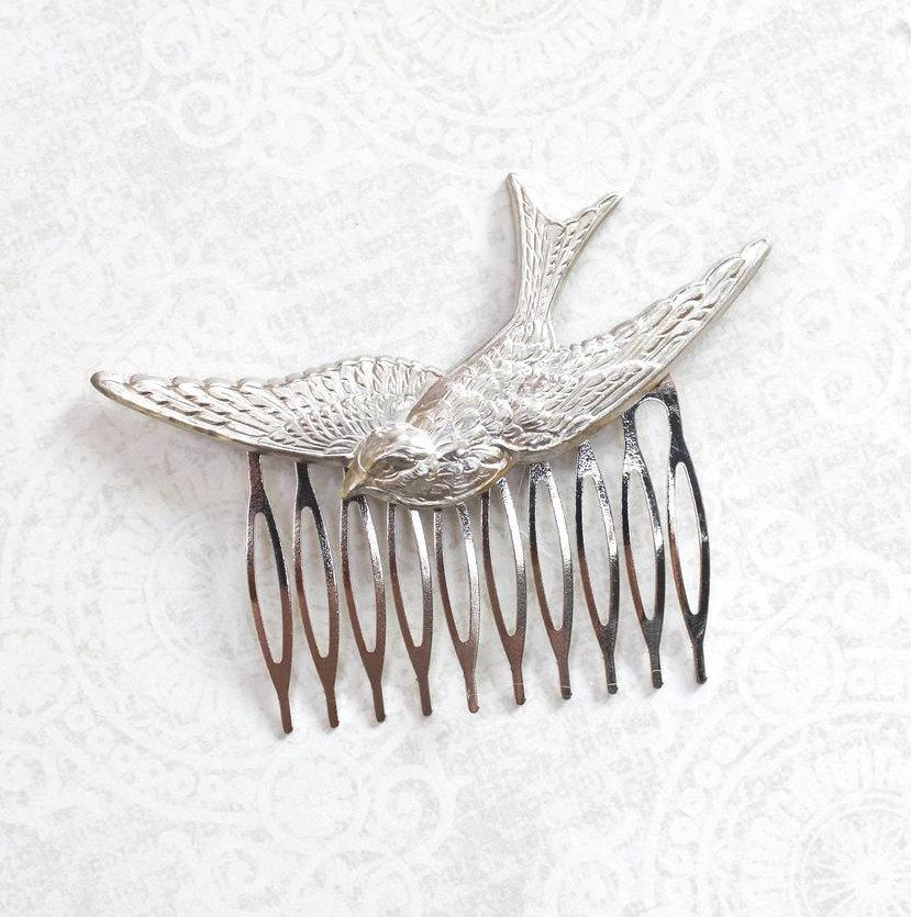 Свадьба - Silver Bird Comb Flying Swallow Hair Accessory Feather Wings Woodland Wedding Bird Hair Clip Bridesmaids Gift Fairytale Decorations For Hair