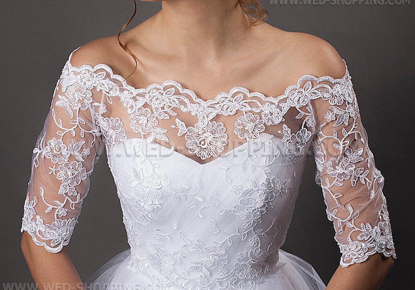 Off-Shoulder Wedding Lace Bolero Jacket 1/2 sleeves embroidery lace ivory a...