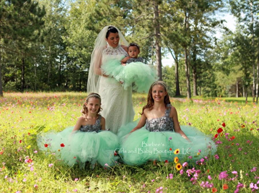 Hochzeit - Flower Girl Tutu Dress in Grey and Mint Flower Girl Dress. With Chiffon Flowers and Pearl accent, wedding, photo prop,