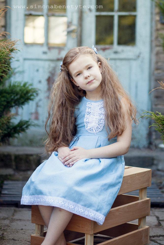 Wedding - Blue girl dress - Easter girl dress - Toddler linen dress - Summer girl dress - flower girl dress