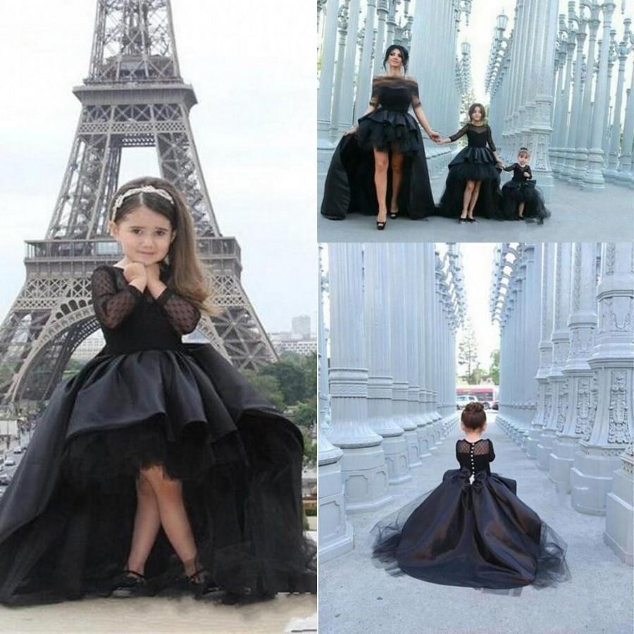 Hochzeit - 2016 Black High Low Girl's Pageant Dresses Jewel Long Sleeve Flower Girl Dresses For Toddlers Formal Wear Birthday Party Communion Dresses