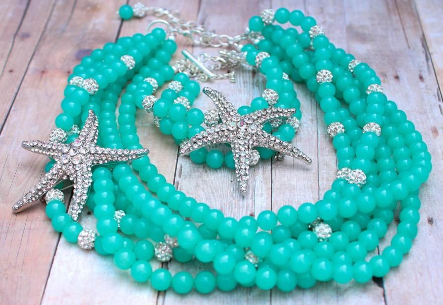 Hochzeit - Turquoise Wedding Jewlery - Starfish Wedding Necklace - Blue Bridal Jewelry -Turquoise Bridesmaid Jewelry - Starfish Brooch - Beach Wedding