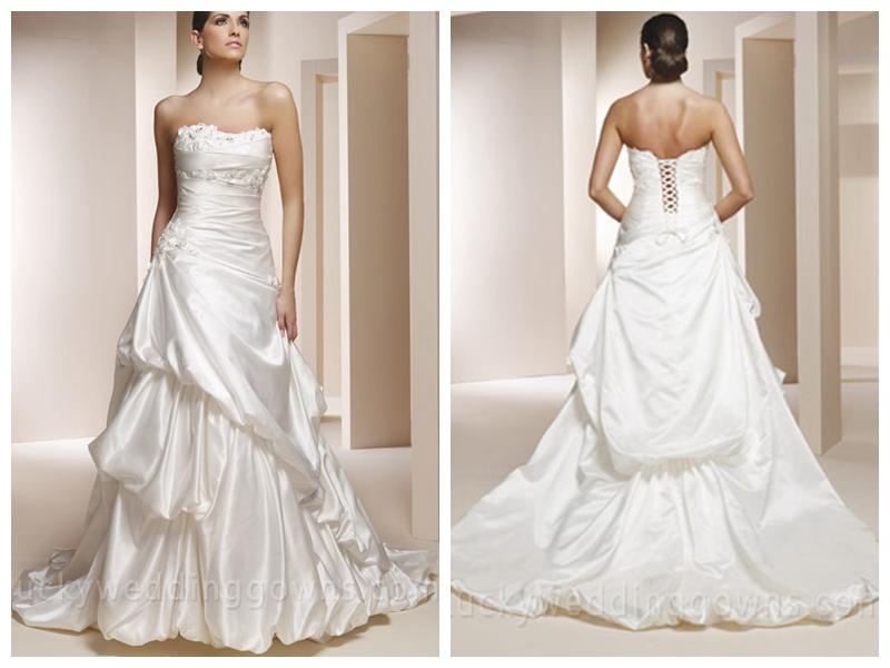 Hochzeit - Beaded Strapless Satin Wedding Dress with Pick-up Skirt