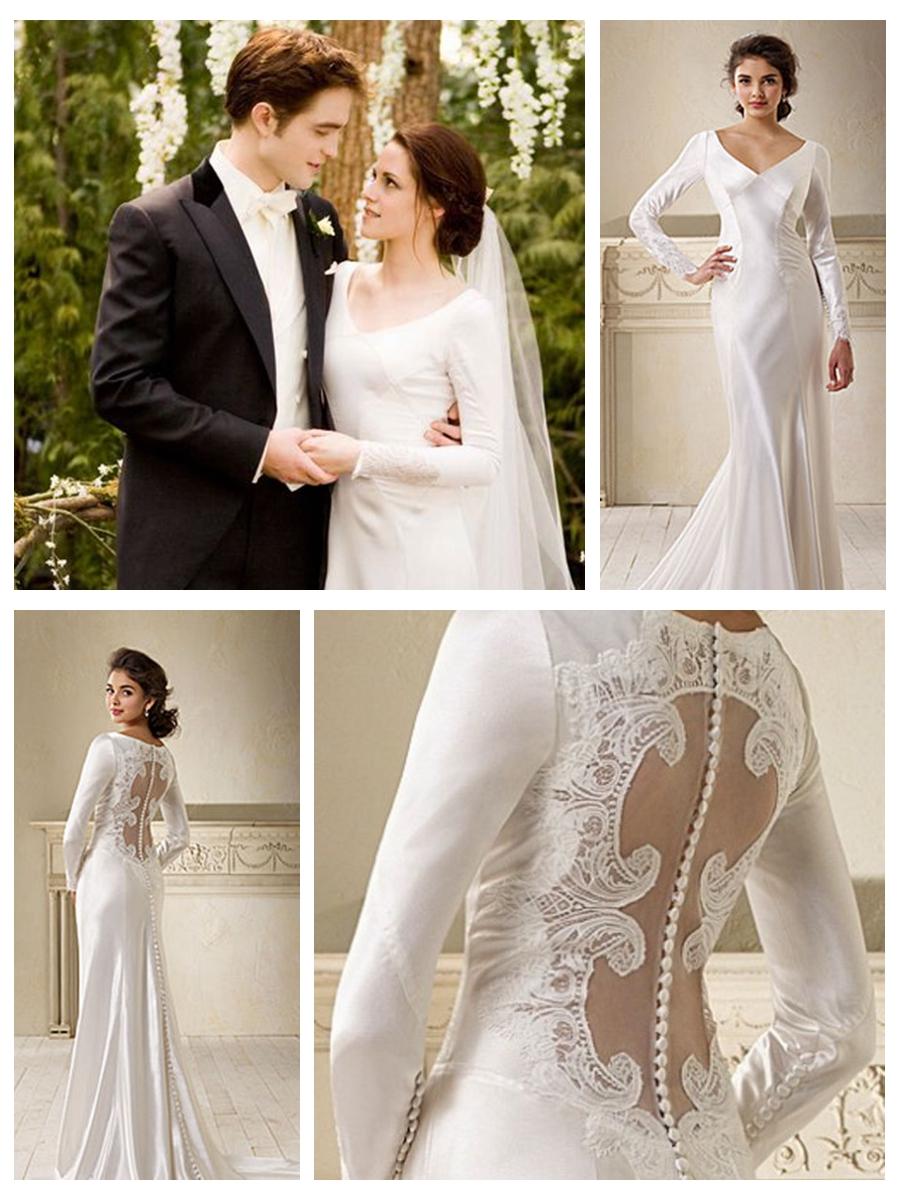 Свадьба - Long Sleeves Button Cut out Back Lace Embellishments Wedding Dress