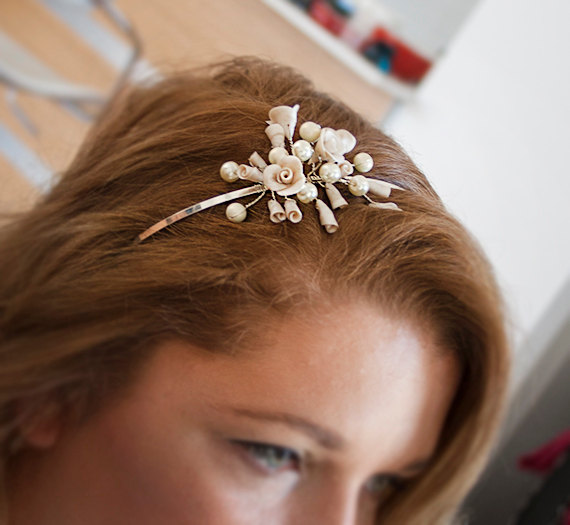 Mariage - Bridal tiara ivory Wedding hair accessories Polymer clay roses Swarovski Glass pearls asymmetry Wedding headband Made in Israel