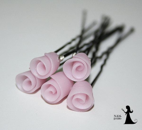 زفاف - Wedding bridal hair pins - 5pcs - pink quartz rosebuds wedding accessories - Bridal retro wedding Roses hair piece - jewelry Israel