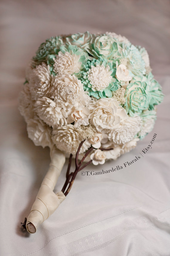 زفاف - Bride's Mint and Cream Sola Flower Wedding Bouquet