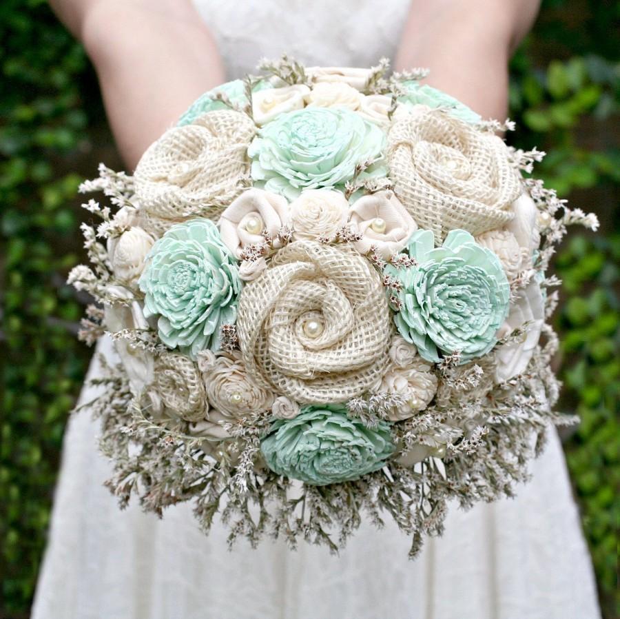 زفاف - Custom Hand Dyed Pastel Mint Green & Wildflower Alternative Bride's Bouquet - Wedding Flowers - Wood Flowers, Fabric Rosettes, Burlap