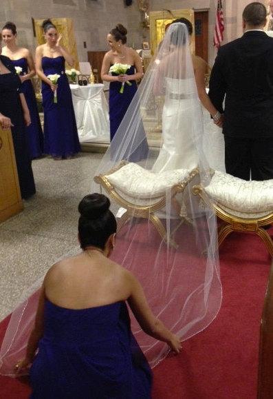 Hochzeit - Bridal Veil Swarovski Crystal Rhinestone Silver Pencil Edge Trim Cascading Cathedral Wedding Veil