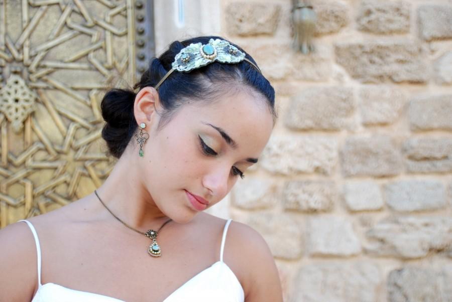 زفاف - Bridal Headband , Green Tiara , Wedding Hair Accessorie, Green Lace with Pearls , Romantic  Headband,  by TalilaDesign -hh00427