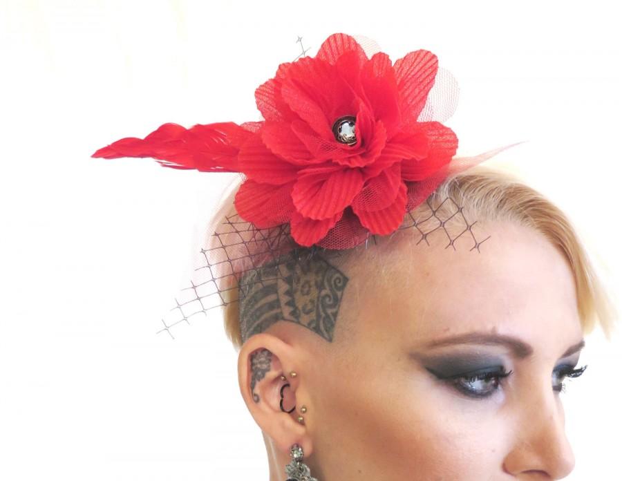 زفاف - Red feather fascinator with Red  Flower tulle , Hair Accessories , Bridal Headpiece , Bridal fascinator  By Talila Korolker