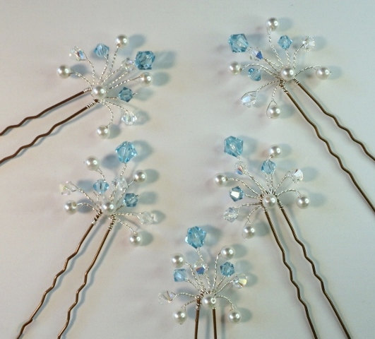Hochzeit - Something Blue Hair Pins, Aqua Bridal Hair Pins, Aquamarine Wedding Hair Pins, Aqua Graduation Hair clips, Aqua Crystal Formal Hair Pins