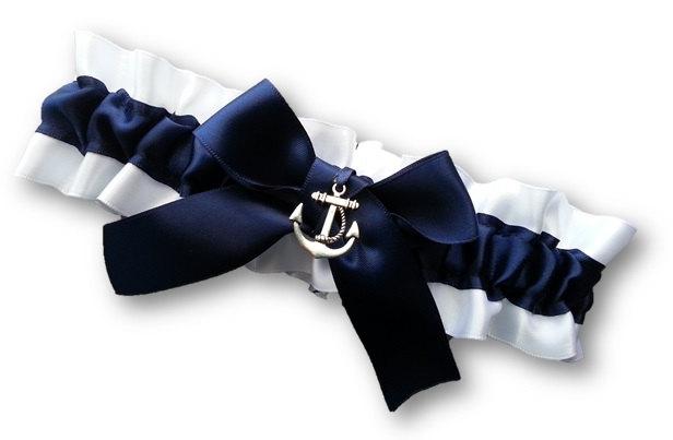Hochzeit - Wedding Garter SINGLE or SET , beautiful  navy and white Nautical themed garter, gold or silver anchor