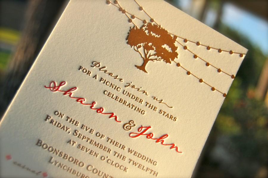 Свадьба - Letterpress Wedding Invitation, Letterpressed Rehearsal Dinner Invitations, Oak Tree and String Lights, Rustic Wedding Invitation