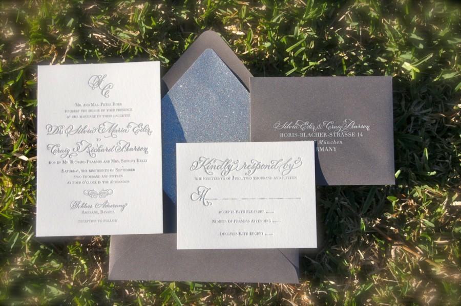 Wedding - Simple and Elegant Letterpress Wedding Invitations, Silver Wedding Invitations, Letterpress Wedding Invites, White Ink Printing