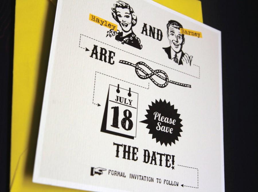 زفاف - Vintage yellow Save the date template / "Tying the knot" / Retro 50s style