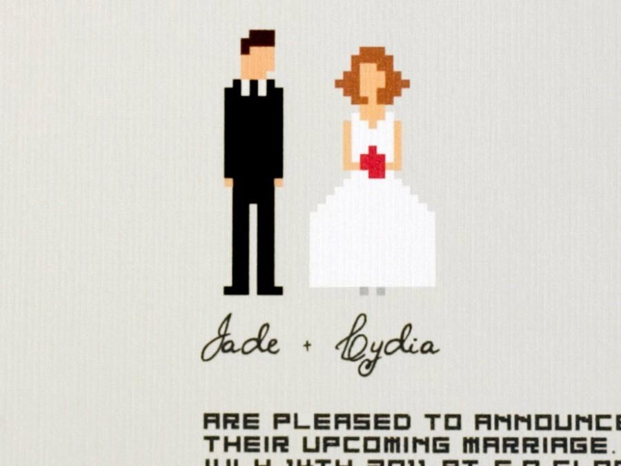 Свадьба - Printable Wedding invitation suite / funny pixel couple design / casual wedding / "Let's get digital"