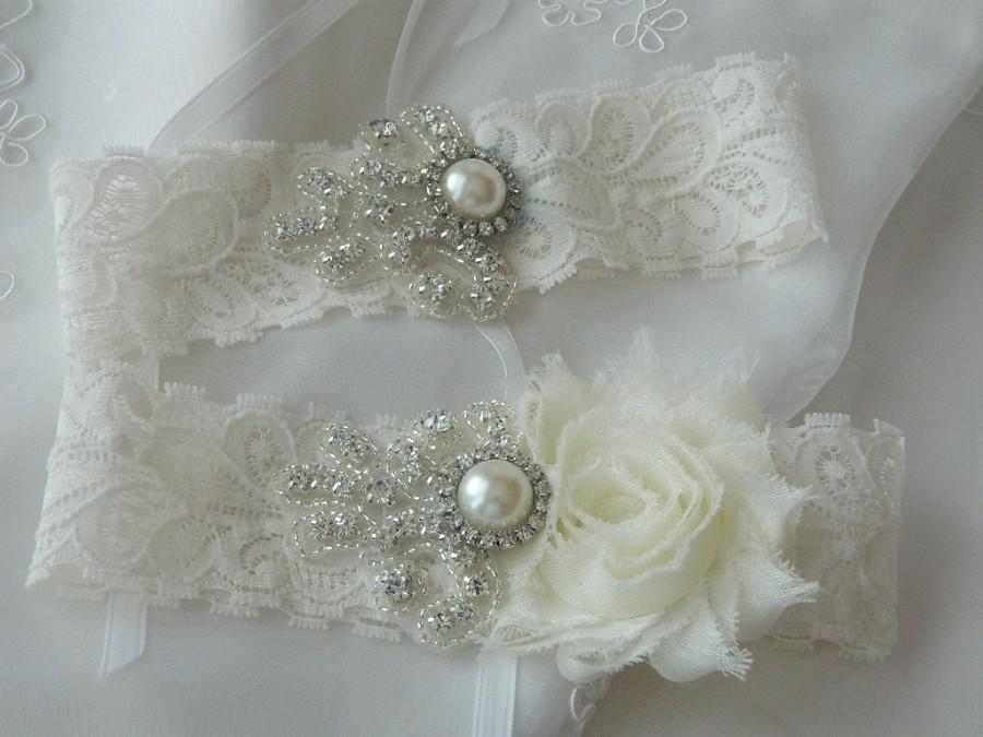 زفاف - BEST SELLER Wedding Garter Set, Bridal Garter, Ivory Lace Garter,Garter Set, Shabby Chiffon Garter Set