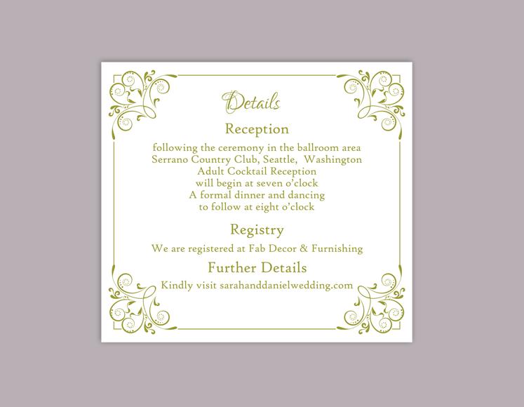 Hochzeit - DIY Wedding Details Card Template Editable Word File Download Printable Details Card Olive Green Details Card Template Enclosure Cards