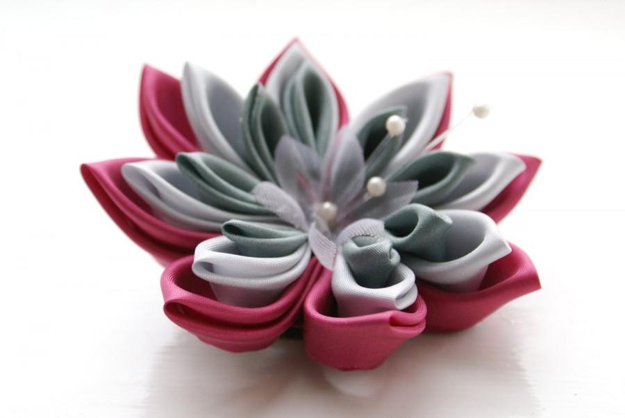 Mariage - SALE - Pink and Grey Hair Flower and Brooch - Waterlily Brooch - Kanzashi Flower Brooch - Kanzashi Hair Clip - Pink Kanzashi Brooch