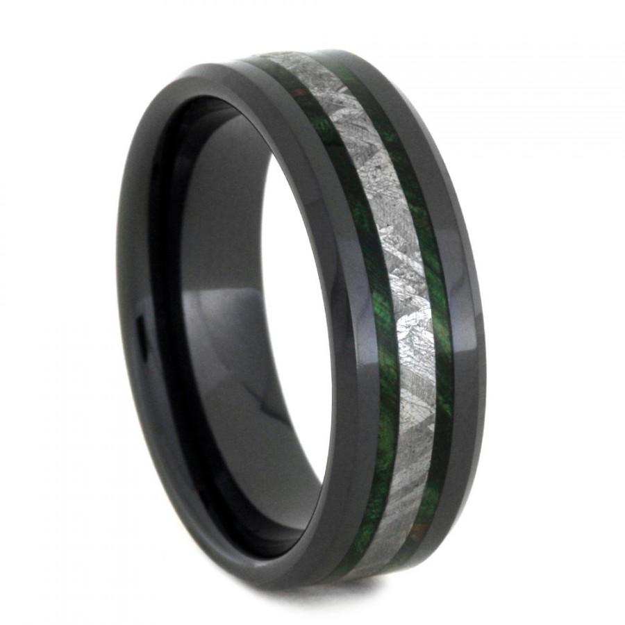 Mariage - Meteorite Wedding Band, Black Ceramic Ring With Green Box Elder Burl, Mens Wood Ring