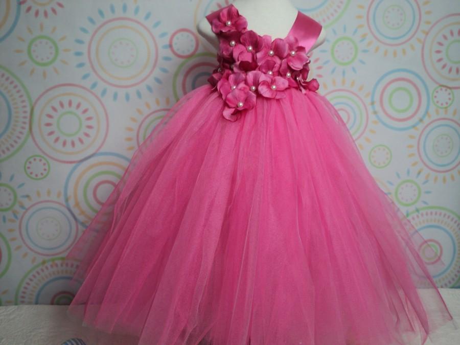Hochzeit - Ready to ship baby to 2T 3T 4T toddler girl hot pink tulle tutu dress & headband hydrangea flower girl birthday wedding pageant photo prop