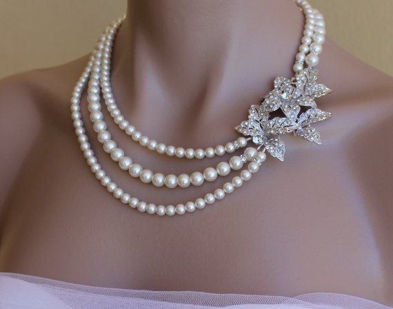 زفاف - Vintage Style Crystal & Pearl Bridal necklace, Statement Bridal Necklace, Wedding Necklace, Bridal Jewelry, ELLIE