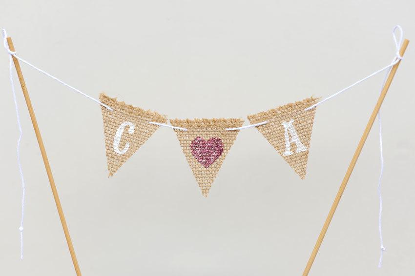 Свадьба - Made-to-Order Custom INITIALS Burlap Banner - Small Pennant Banner/ Wedding Banner/ Cake Topper /Bridal Shower/Rustic / You customize colors