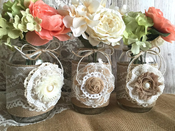Wedding - natural burlap and lace covered 3 mason jar vases wedding deocration