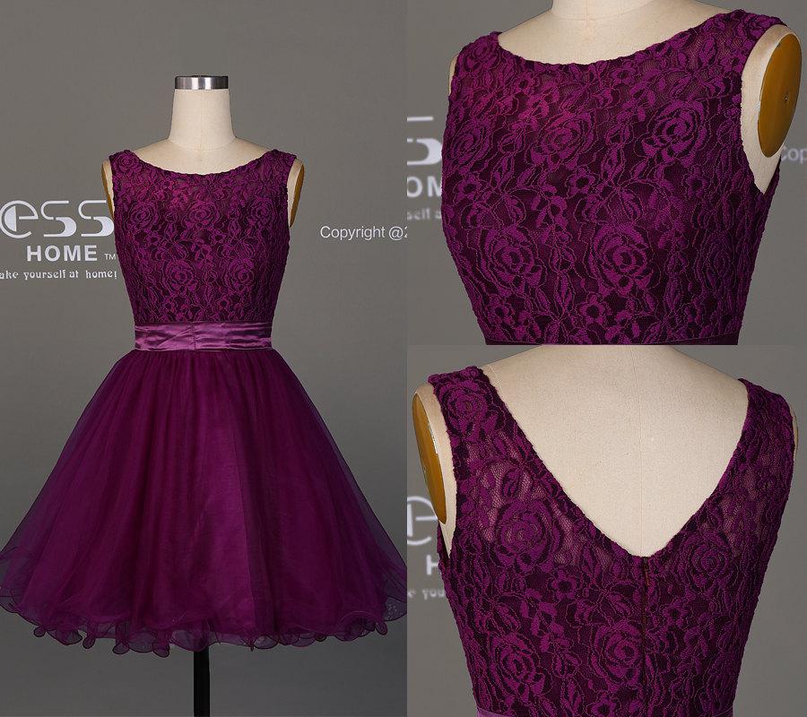 زفاف - Simple Purple Lace A Line Short Prom Dress/Short Lace V Back Party Dress/Wedding Party Dress/Handmade Lace Prom Dress Short DH245