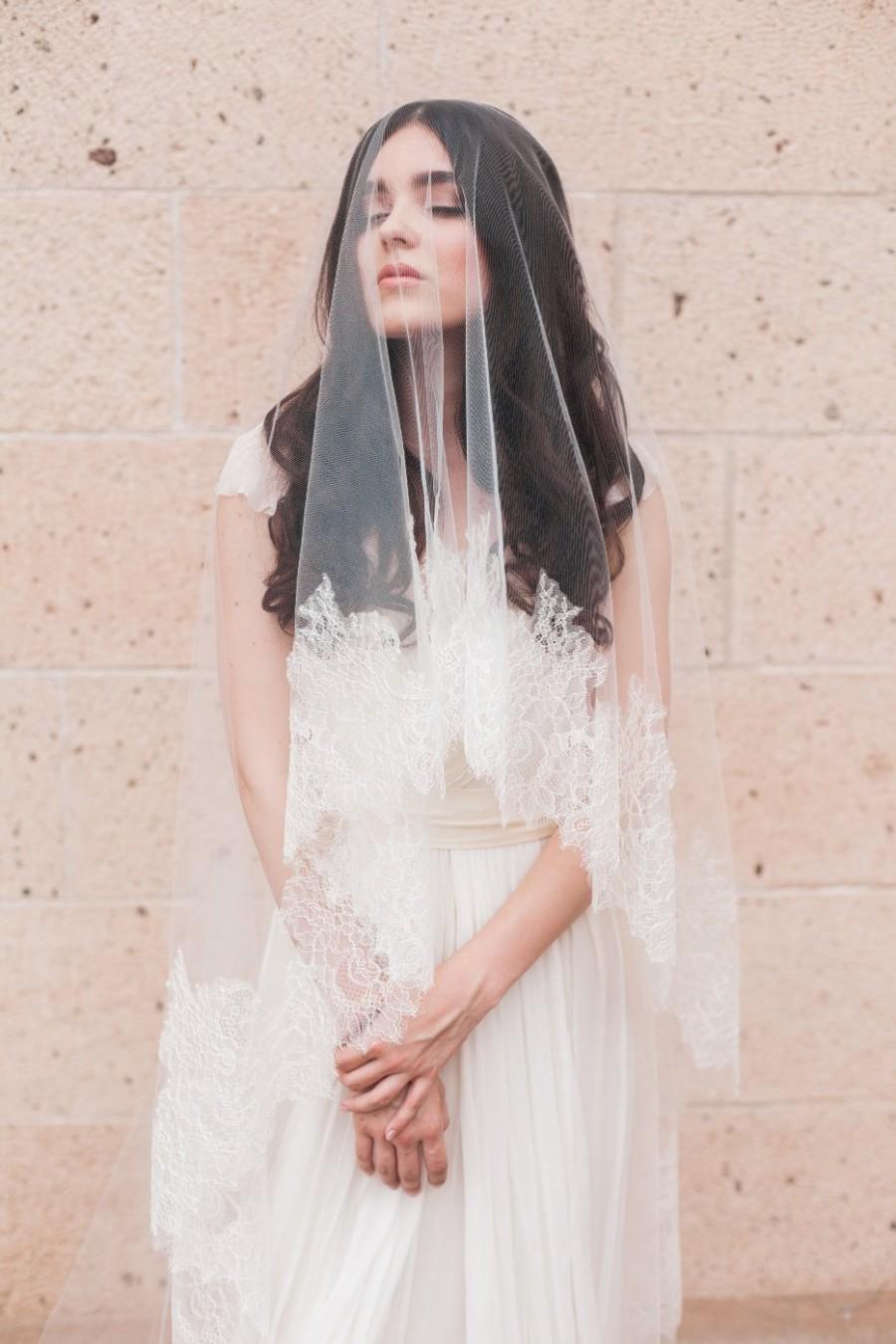 Wedding - NEW-Bridal mantilla veil-double layer veil-fingertip veil-drop veil-wedding veil-waltz veil-lace blusher veil-cathedral veil-style 190