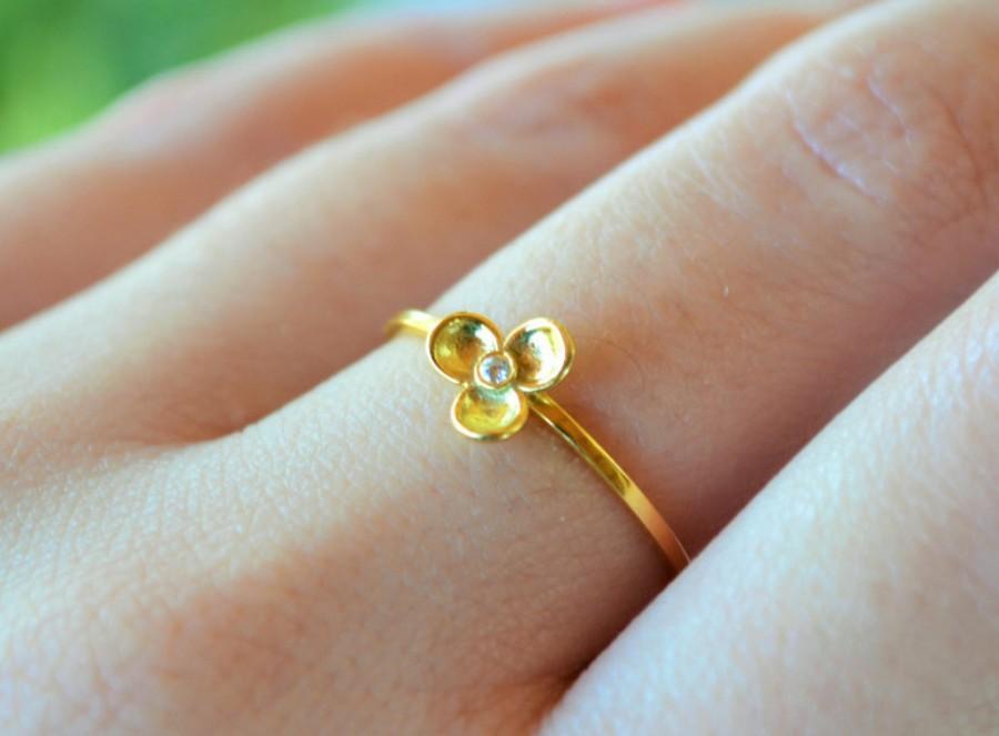Wedding - Flower Diamond Ring Gold 14k Dainty Engagement Ring Delicate Gold Rings Single White Diamond Ring Floral Stacking Ring