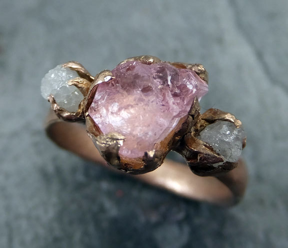 Wedding - Raw Pink Tourmaline Diamond 14k Rose Gold Engagement Ring Wedding Ring One Of a Kind Gemstone Ring Bespoke Three stone Ring byAngeline