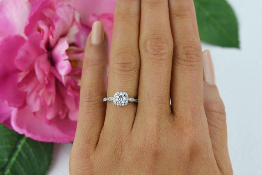 Mariage - 3/4 ctw Vintage Inspired Ring, Halo Engagement Ring, Man Made Diamond Simulants, Art Deco Ring, Wedding Ring, Promise Ring Sterling Silver
