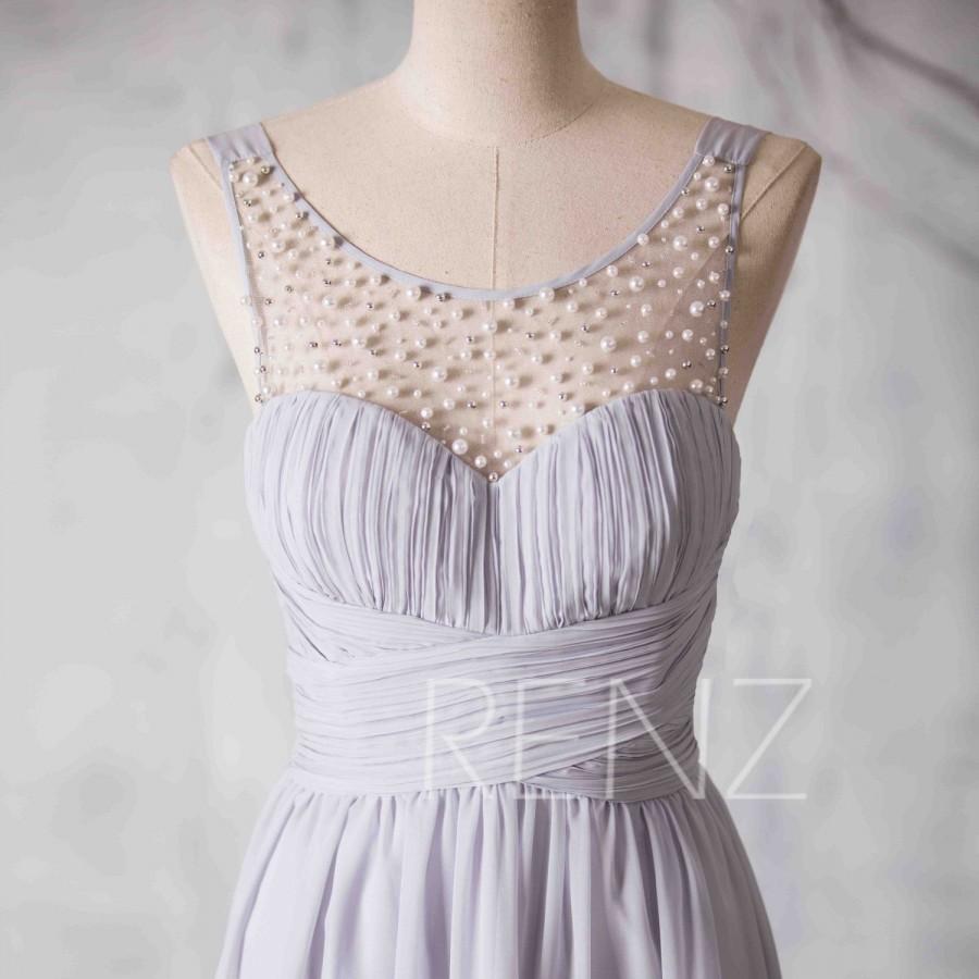 زفاف - 2015 Grey Bridesmaid dress Long, Chiffon Wedding dress, Beading Illusion Scoop neck Prom dress, Long Maxi dress, V Back floor length (T130)