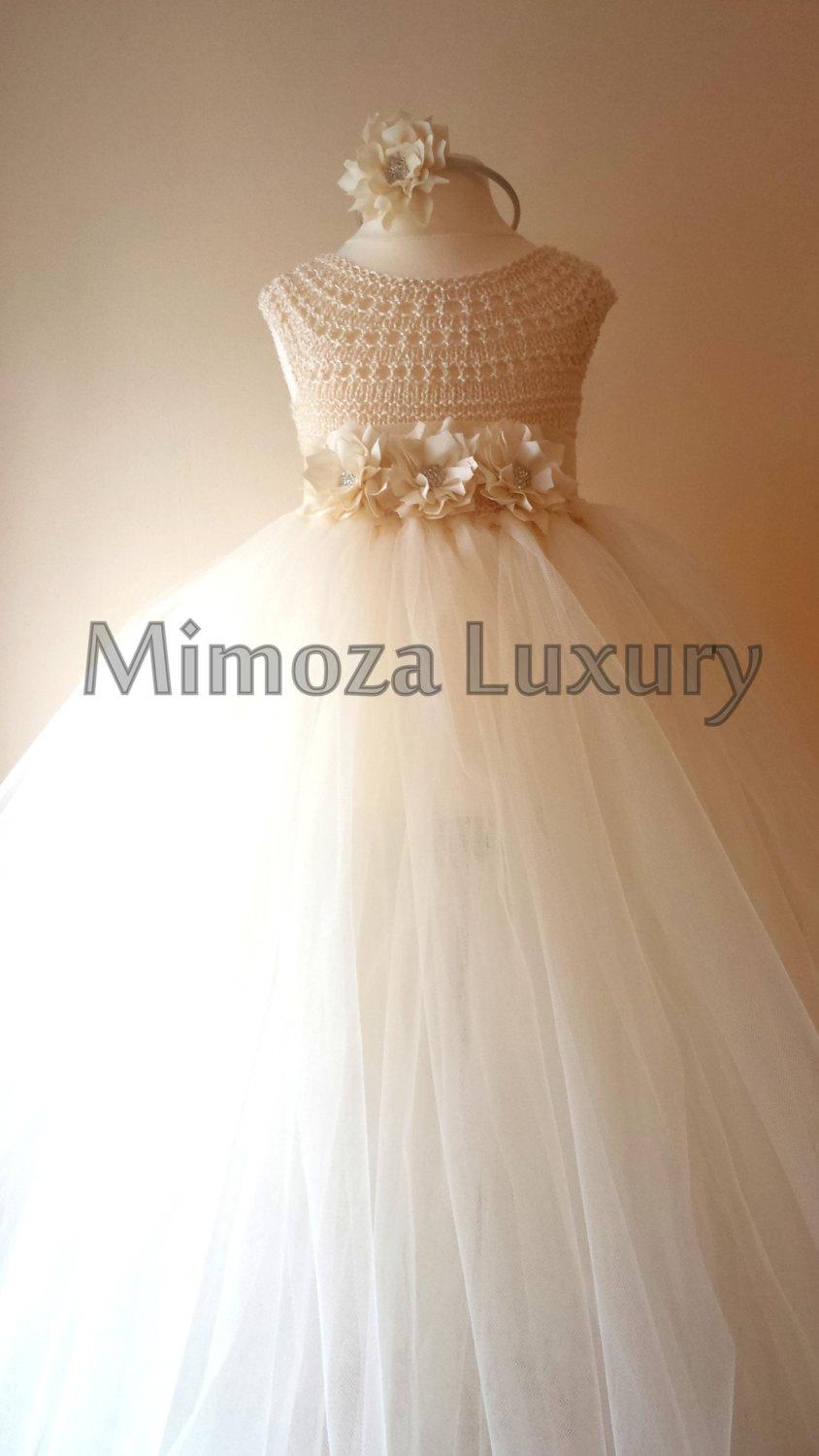 زفاف - Ivory Flower girl dress, ivory  tutu dress, bridesmaid dress, princess dress, ivory crochet top tulle dress, ivory hand knit tutu dress