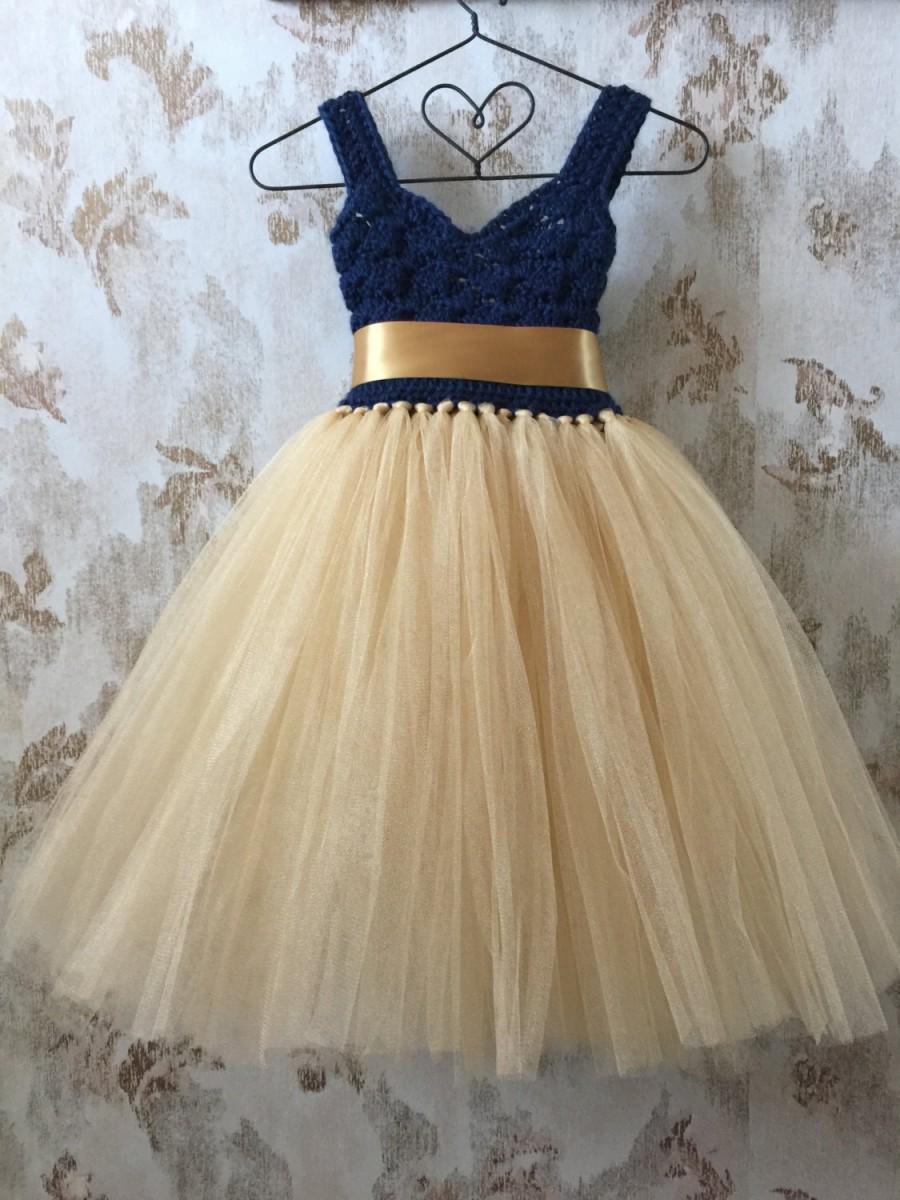 Wedding - Navy and gold empire flower girl tutu dress, crochet sweetheart neckline tutu dress, baby tutu dress, toddler tutu dress, wedding tutu dress