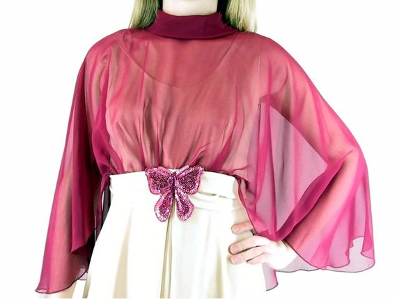 Wedding - Vintage 1970's Prom Party Dress, Beige Samba Formal with Burgundy Capelet, Modern Size 8, Small