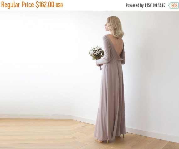 Hochzeit - Open back maxi taupe dress with long sleeves , Backless maxi taupe gown