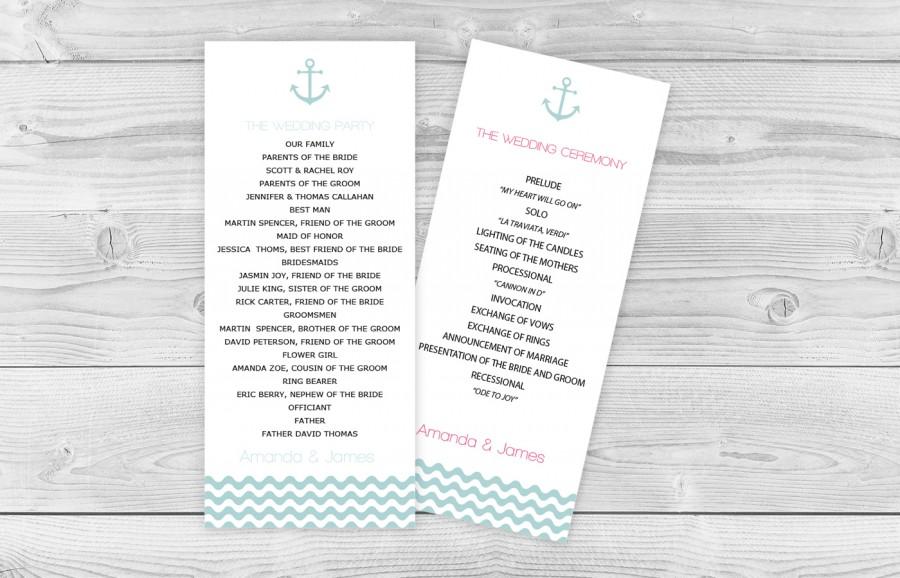 زفاف - Nautical Pool Blue Anchor Wave Chevron Tea Length Printable Wedding Editable PDF Program