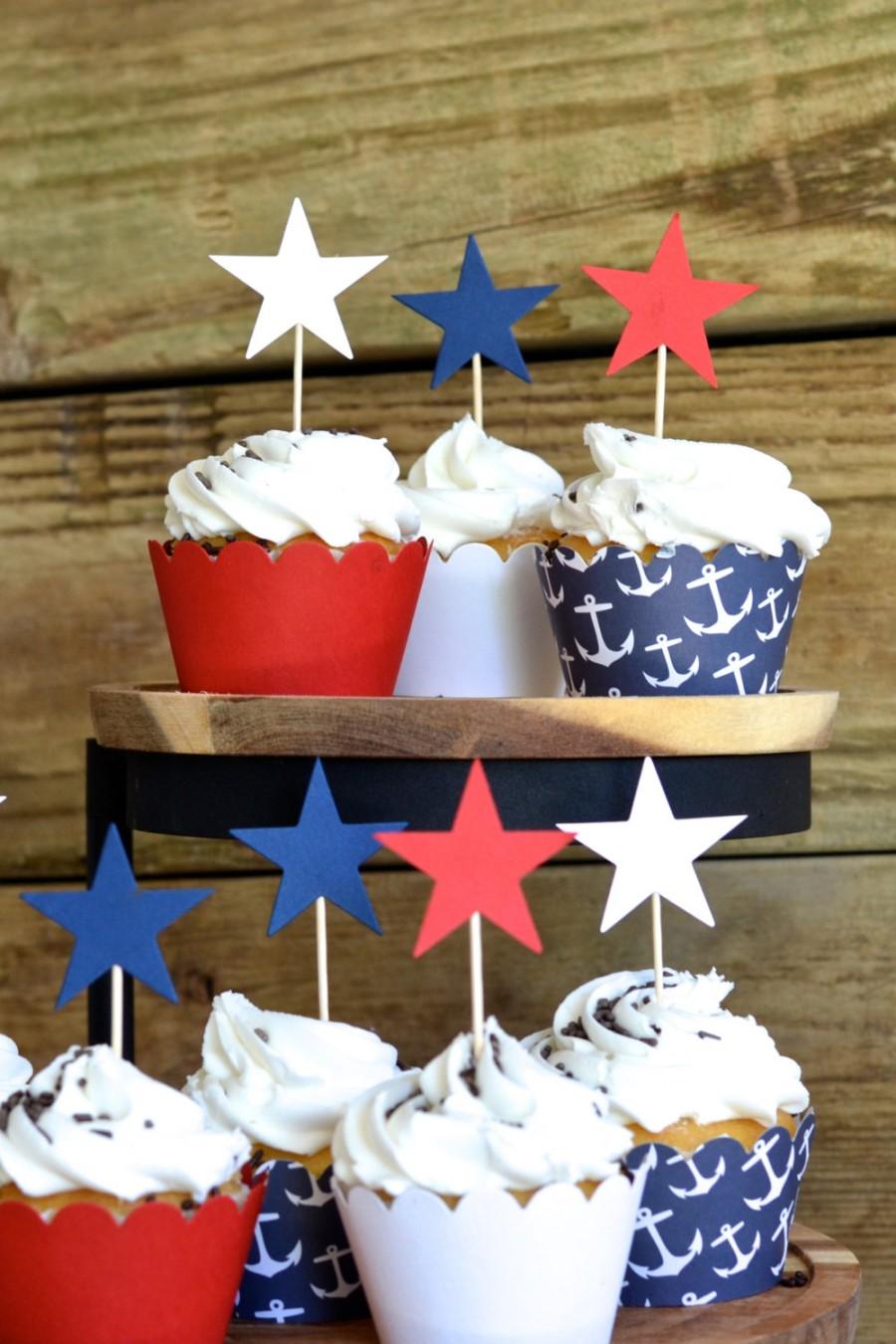 Hochzeit - Star Cupcake Picks in patriotic red, white and blue