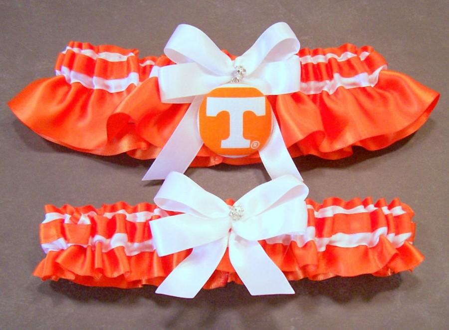 Hochzeit - Handmade White and Orange Wedding Garter Set Bridal Garter Set, with Tennessee Fabric Covered Button Embellishment /58-A