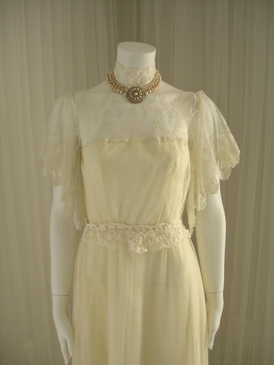 Wedding - Vintage Swiss Dot Netted Wedding Dress with Flutter Sleeve and Re-embroidered Lace Trimming