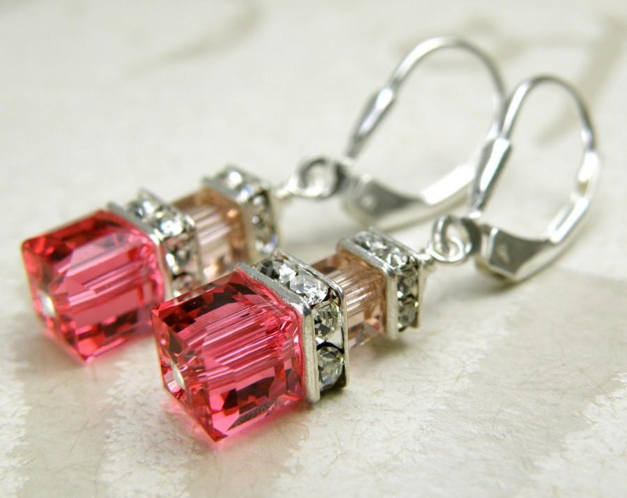 Wedding - Petite Cube Pink and Blush Crystal Earrings, Sterling Silver, Bridesmaid Swarovski Gift, Spring Wedding Jewelry, Handmade, Ready To Ship