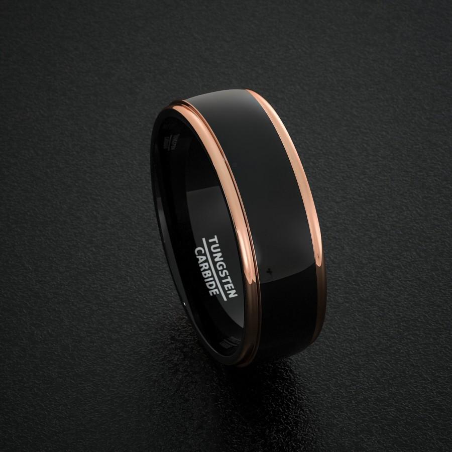Mariage - Tungsten Wedding Bands 8mm Mens Ring Two Tone Black Polished with Rose Gold Step Edge Comfort Fit